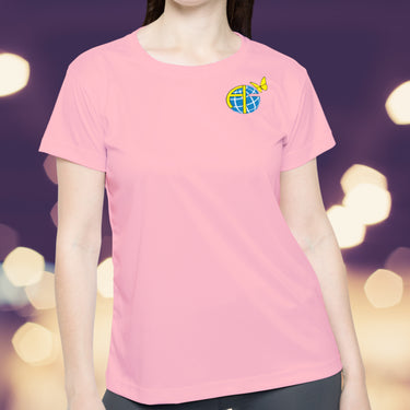 Women’s sport jersey with Anakainoo International logo, breathable moisture-wicking fabric with globe and butterfly design symbolizing spiritual transformation and renewal through intimacy with God, woman wearing pink sports jersey